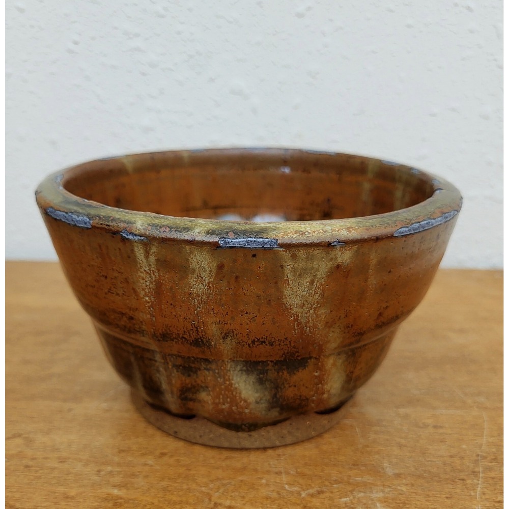 Hand-made Studio Art Pottery Glazed Stoneware Bowl Dish Signed Distressed Edges